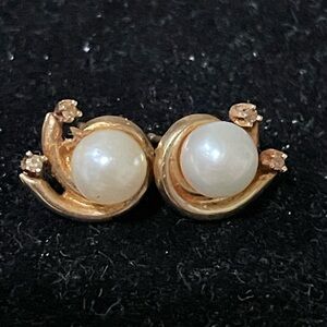 14K Yellow Gold Vintage Pearl & Diamonds Post Earrings with a swirl design